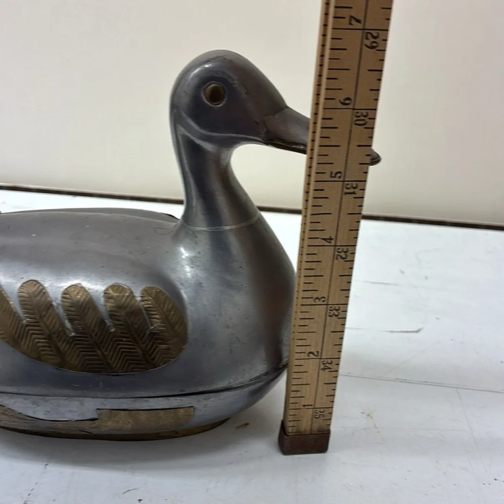 MCM Duck Decoy Keepsake Box  Chinese  pewter & brass duck trinket box lidded